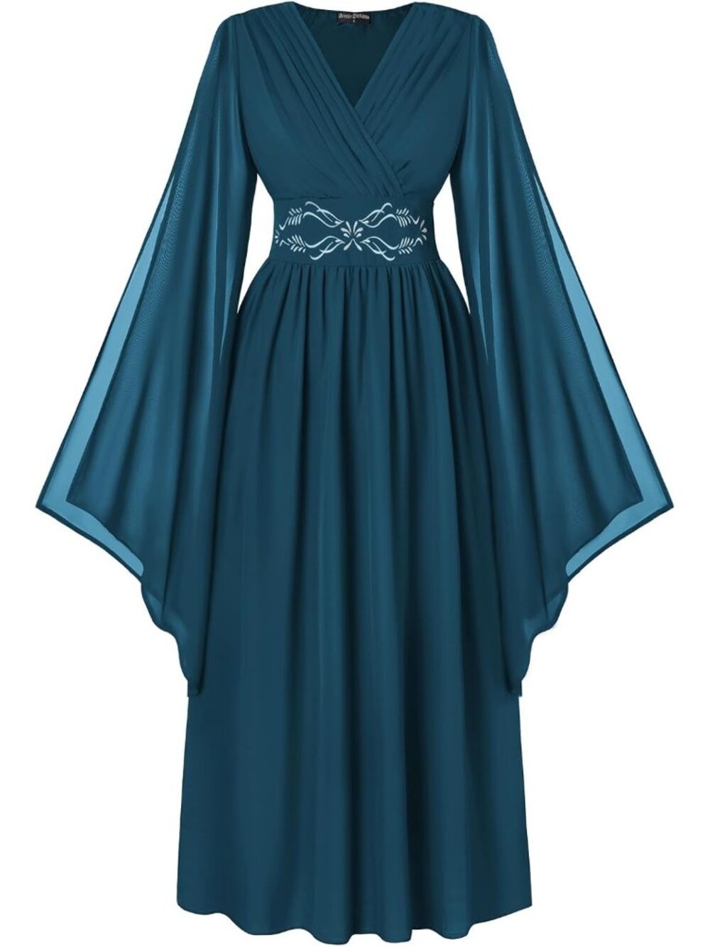 Women's Dark Blue Bell Sleeve Wrap V Neck Embroidery Imported Costume Dress
